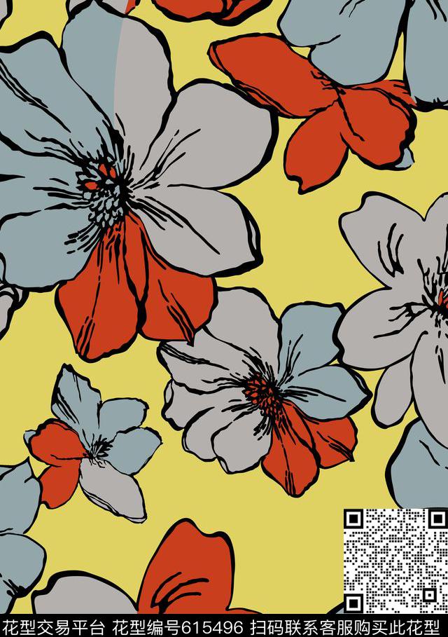 2017年春夏女装手绘花卉韩国风格裙装华亿平台传统印花华亿平台下载（图片编号: 615496） - 瓦栏（Walan）