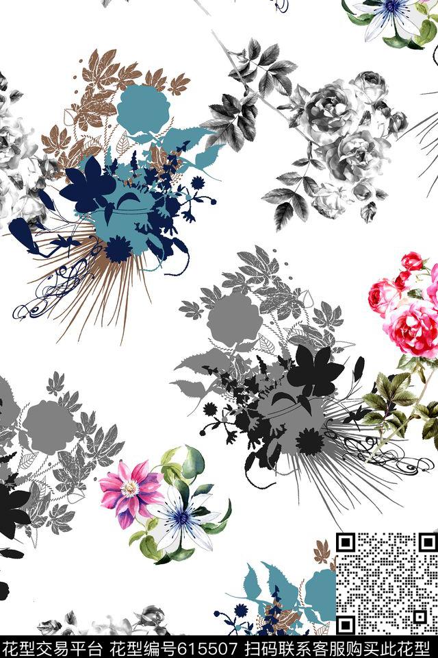 小碎花水彩花黑白底纹数码印花华亿平台下载（图片编号: 615507） - 瓦栏（Walan）