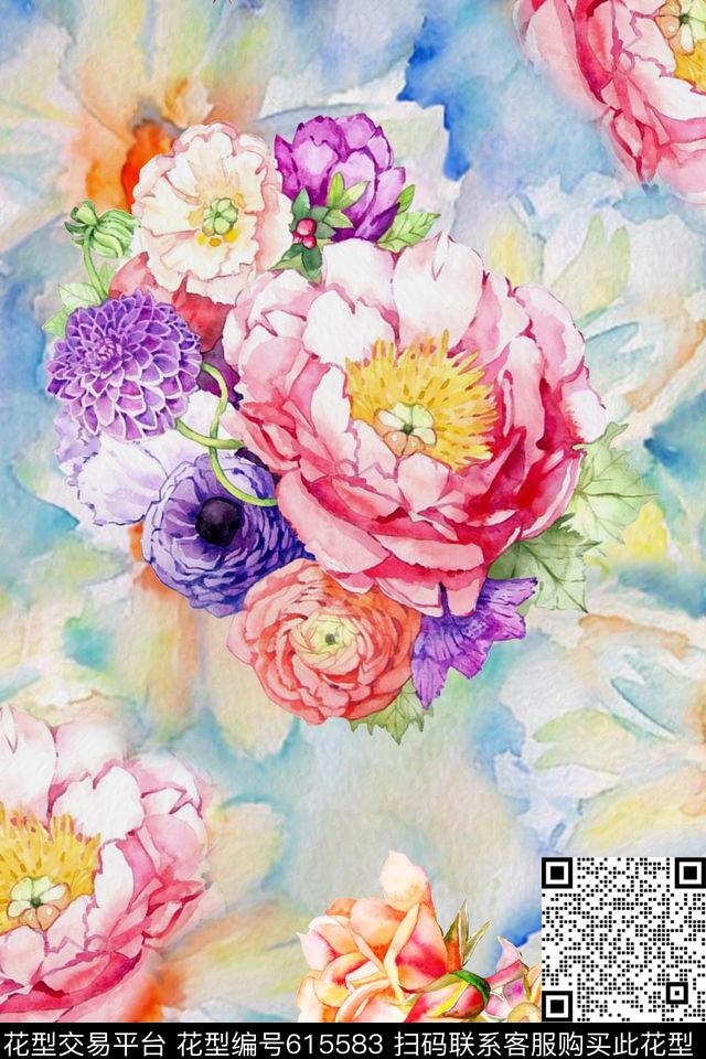 绚丽多姿水彩花卉数码印花华亿平台下载（图片编号: 615583） - 瓦栏（Walan）