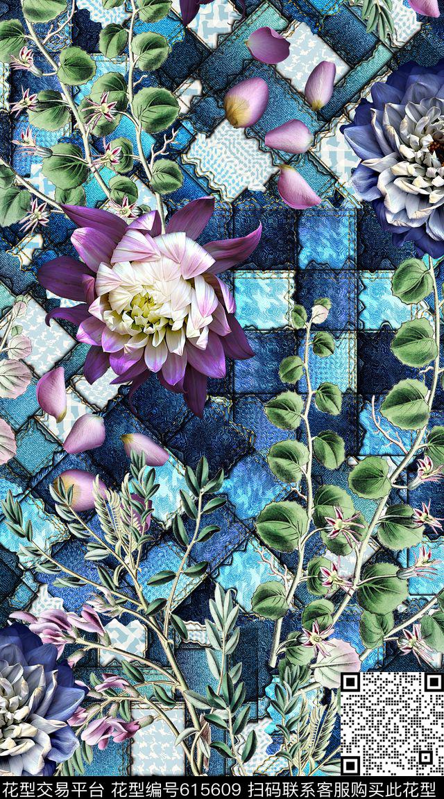 花卉创意牛仔数码印花华亿平台下载（图片编号: 615609） - 瓦栏（Walan）
