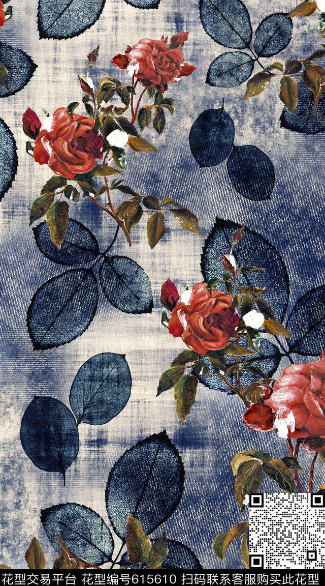 花卉创意牛仔数码印花华亿平台下载（图片编号: 615610） - 瓦栏（Walan）