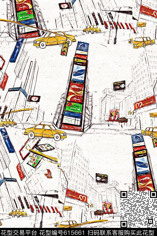 手绘线描城市数码印花华亿平台下载（图片编号: 615661） - 瓦栏（Walan）