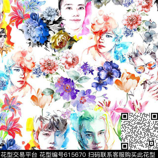 百合花鸟水墨明星人头像数码印花华亿平台下载（图片编号: 615670） - 瓦栏（Walan）