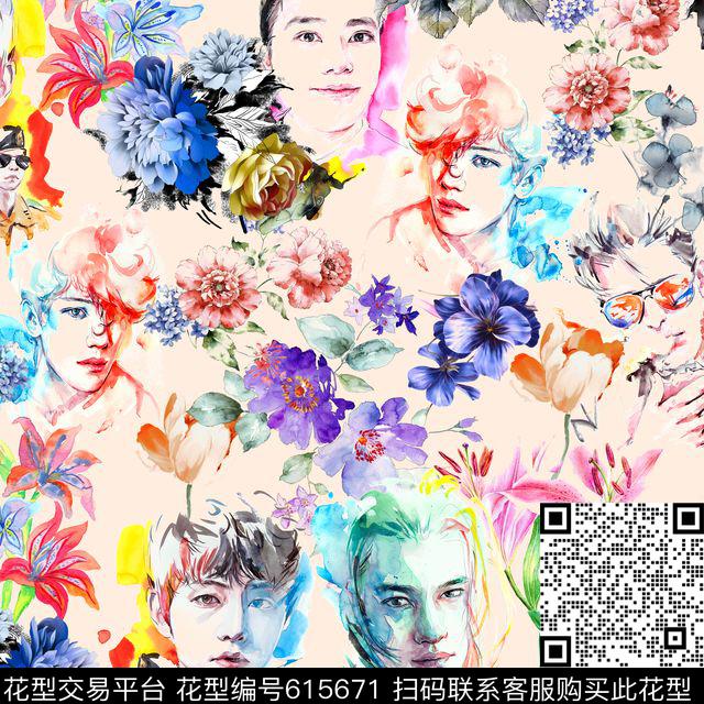 百合花鸟水墨明星人头像数码印花华亿平台下载（图片编号: 615671） - 瓦栏（Walan）