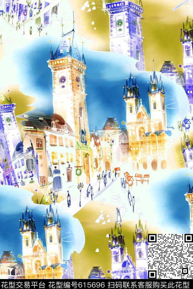 时尚水彩城市数码印花华亿平台下载（图片编号: 615696） - 瓦栏（Walan）