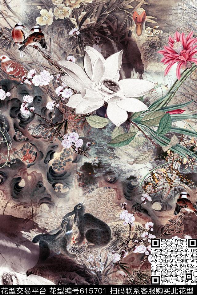 中国风混搭花卉数码印花华亿平台下载（图片编号: 615701） - 瓦栏（Walan）