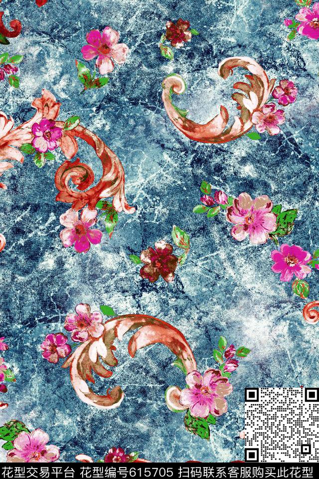 趣味卷草纹牛仔肌理数码印花华亿平台下载（图片编号: 615705） - 瓦栏（Walan）