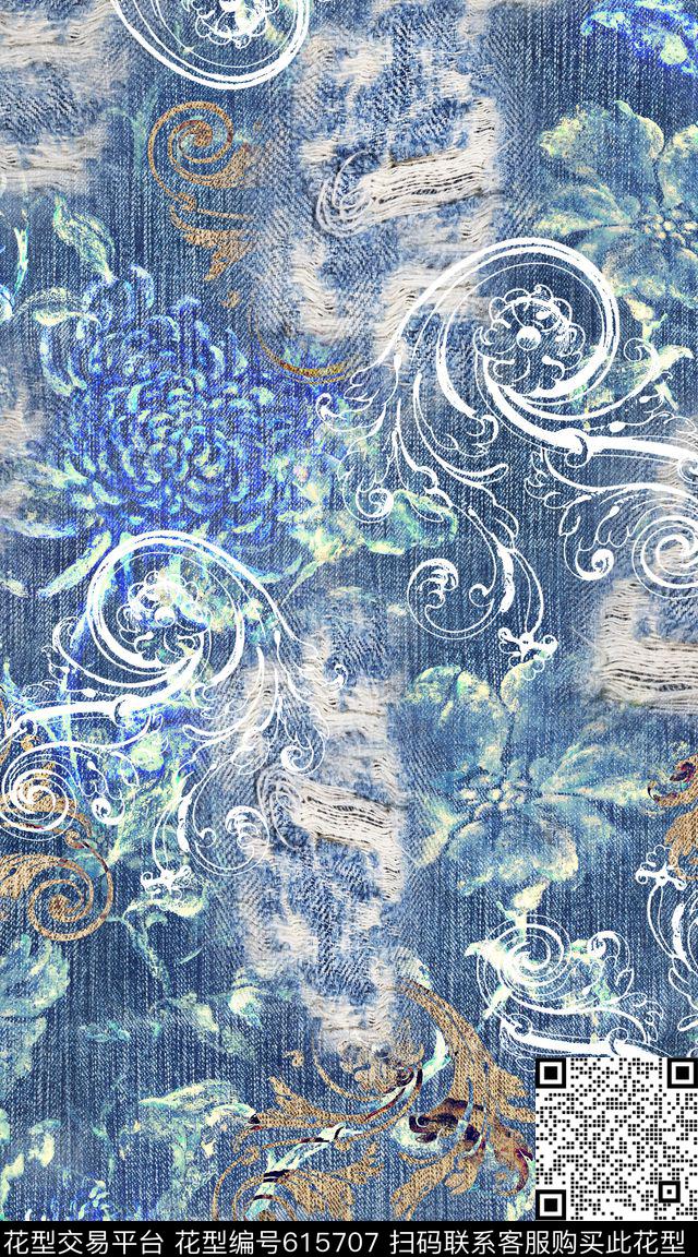 趣味花卉牛仔肌理数码印花华亿平台下载（图片编号: 615707） - 瓦栏（Walan）