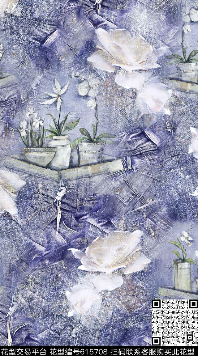 牛仔布牛仔肌理花卉数码印花华亿平台下载（图片编号: 615708） - 瓦栏（Walan）