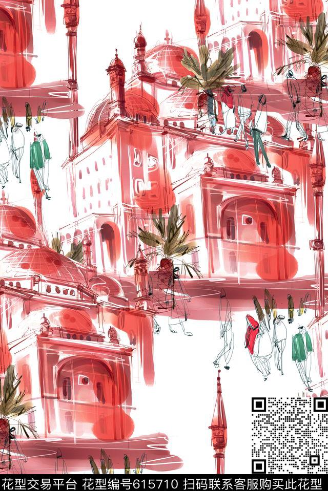 手绘建筑城堡数码印花华亿平台下载（图片编号: 615710） - 瓦栏（Walan）