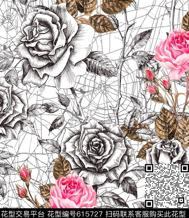 手绘钢笔花卉手绘水彩花卉抽象蜘蛛网数码印花华亿平台下载（图片编号: 615727） - 瓦栏（Walan）