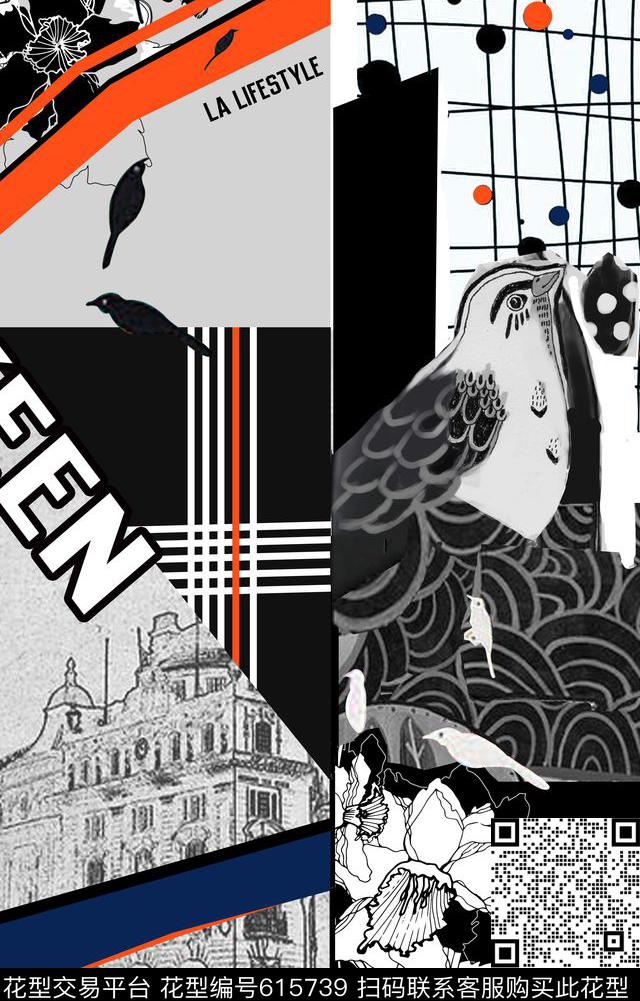 几何花卉鸟数码印花华亿平台下载（图片编号: 615739） - 瓦栏（Walan）