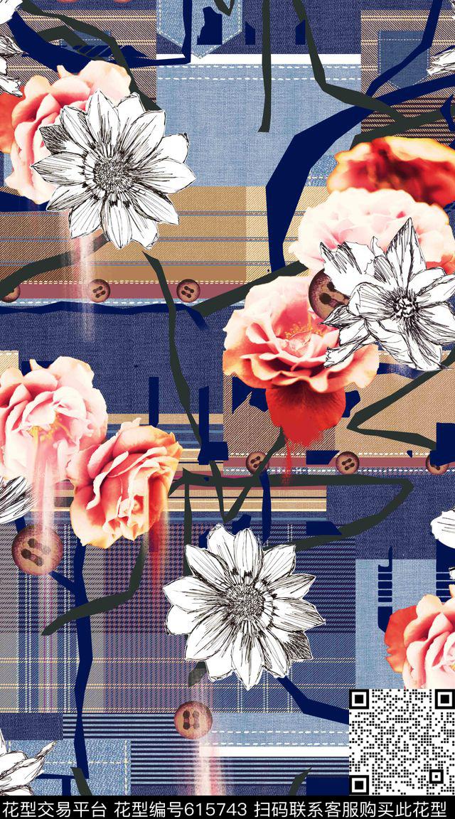 花卉牛仔布趣味数码印花华亿平台下载（图片编号: 615743） - 瓦栏（Walan）