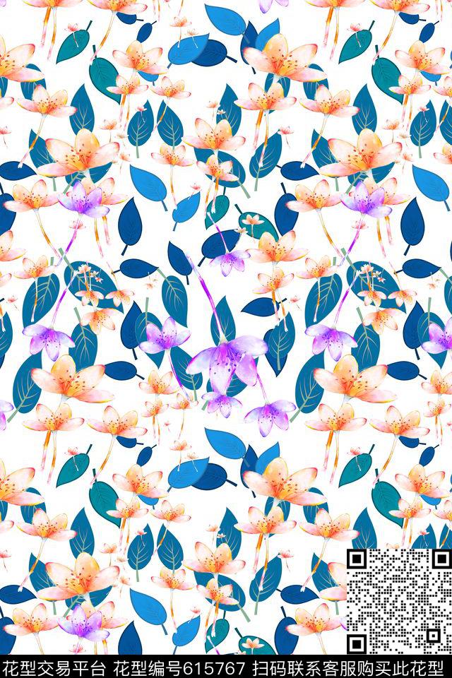 植物花卉多色可选水彩笔触数码印花华亿平台下载（图片编号: 615767） - 瓦栏（Walan）