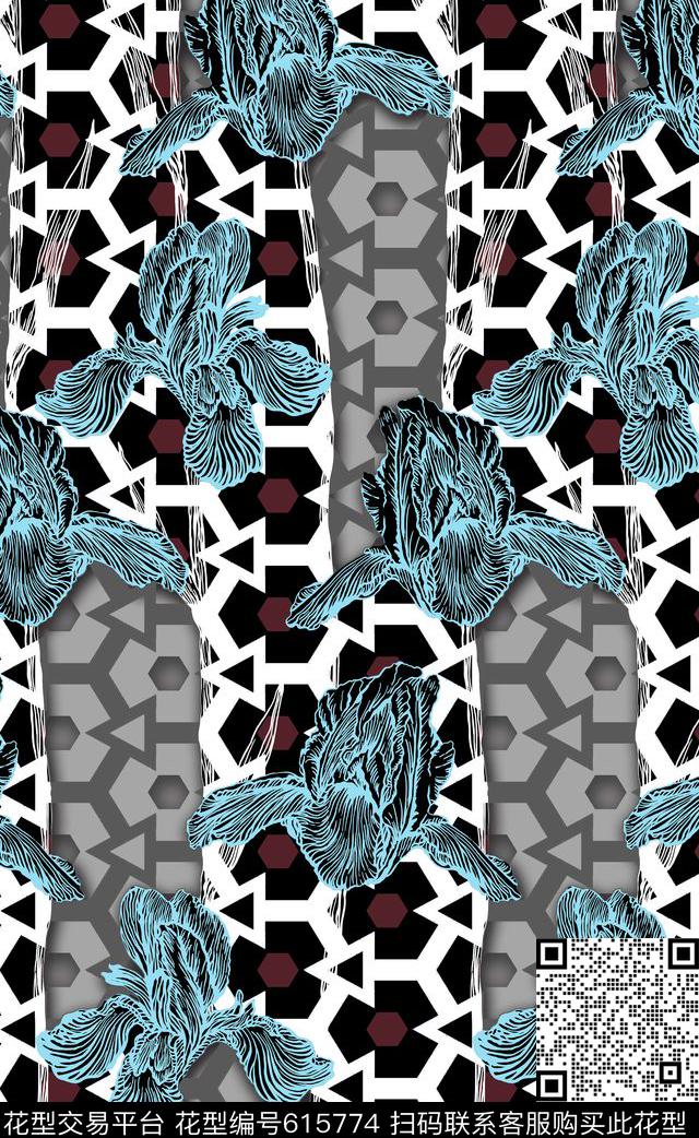 花卉鸢尾花几何’立体几何传统印花华亿平台下载（图片编号: 615774） - 瓦栏（Walan）