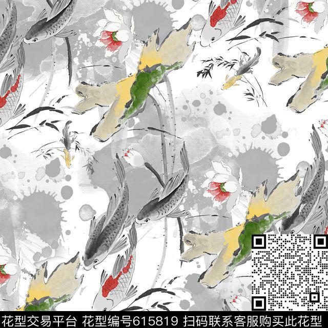 水墨荷花花卉数码印花华亿平台下载（图片编号: 615819） - 瓦栏（Walan）