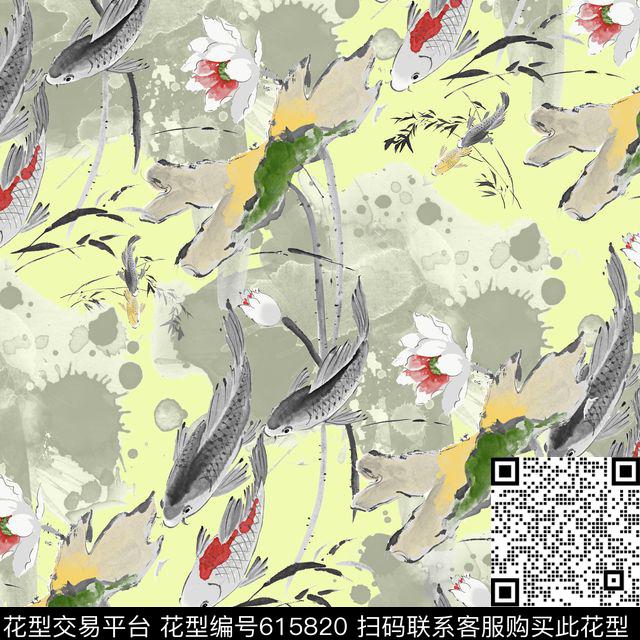 水墨荷花花卉数码印花华亿平台下载（图片编号: 615820） - 瓦栏（Walan）