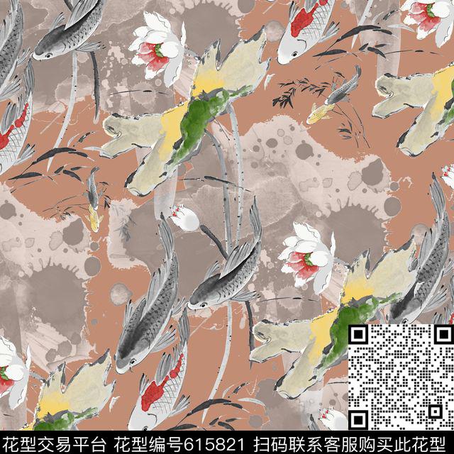 水墨荷花花卉数码印花华亿平台下载（图片编号: 615821） - 瓦栏（Walan）