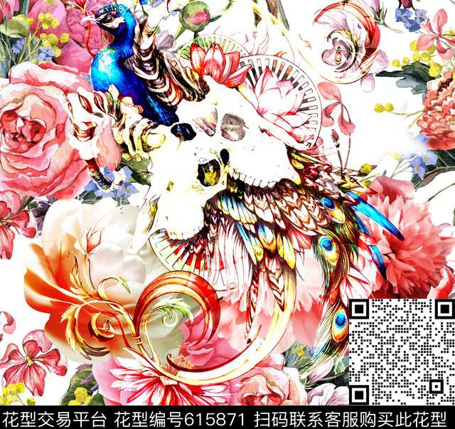 孔雀花鸟花朵数码印花华亿平台下载（图片编号: 615871） - 瓦栏（Walan）