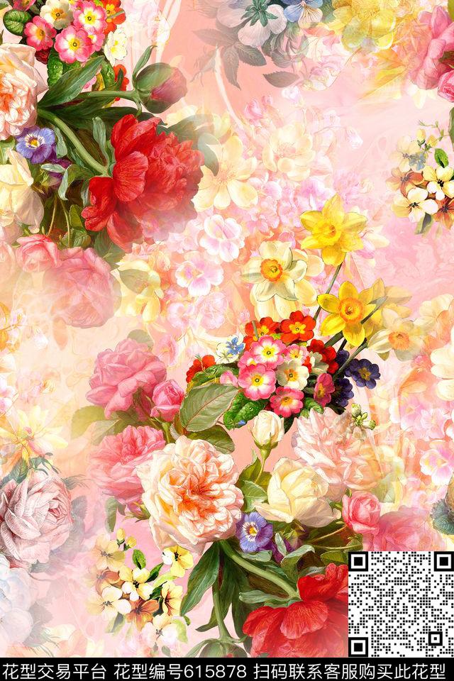 时尚手绘花卉数码印花华亿平台下载（图片编号: 615878） - 瓦栏（Walan）