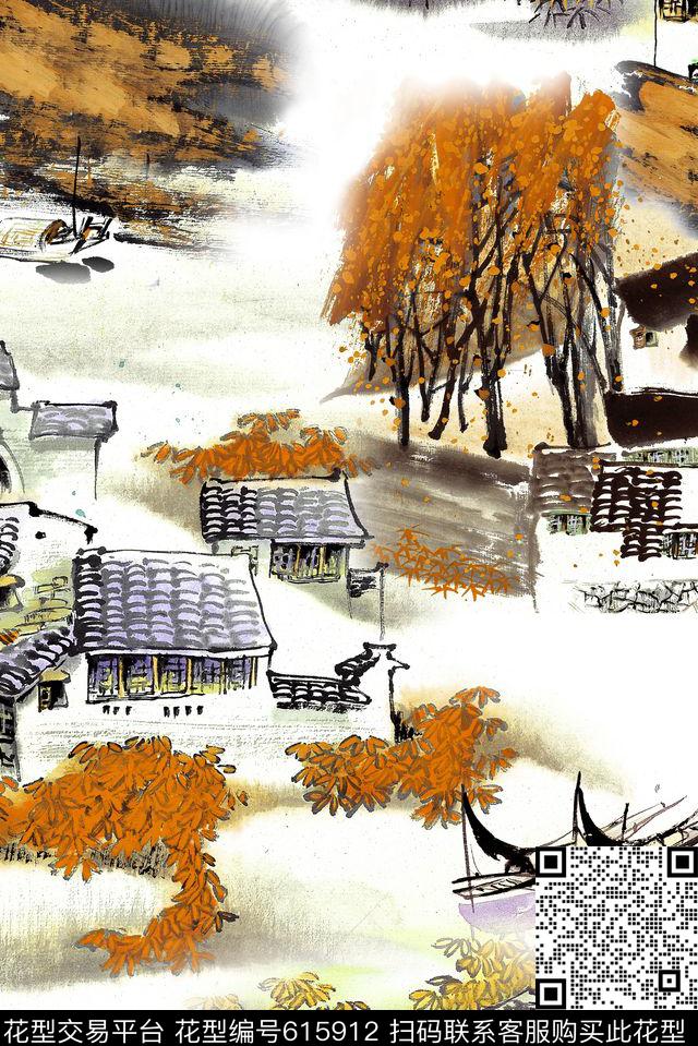中国风水墨山水数码印花华亿平台下载（图片编号: 615912） - 瓦栏（Walan）