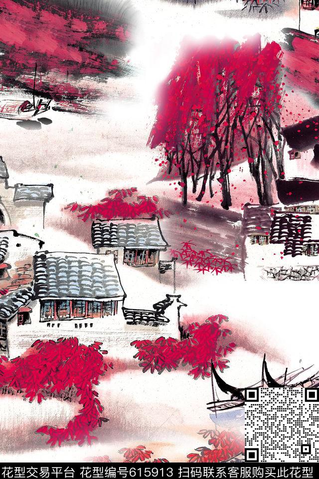中国风水墨山水数码印花华亿平台下载（图片编号: 615913） - 瓦栏（Walan）