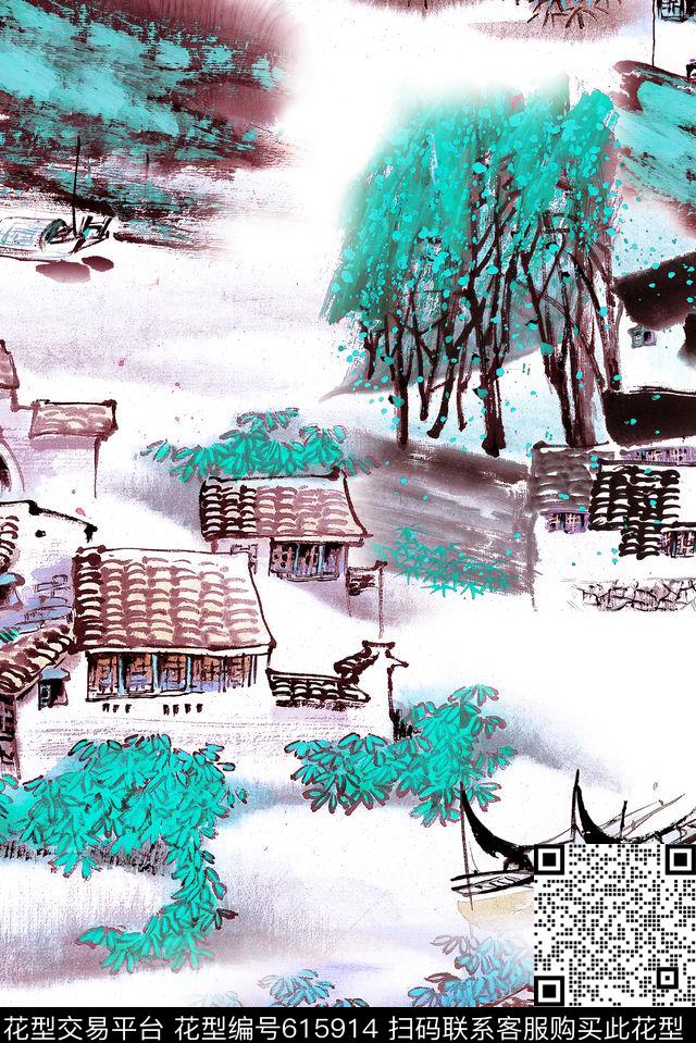 中国风水墨山水数码印花华亿平台下载（图片编号: 615914） - 瓦栏（Walan）