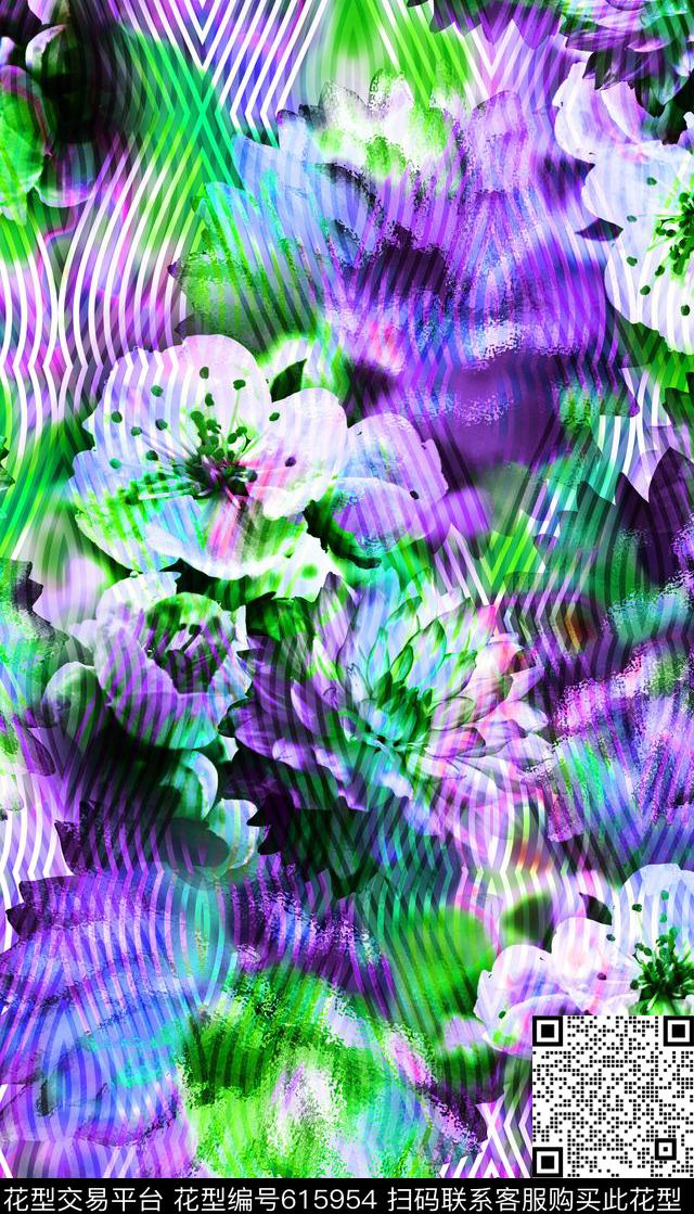 花卉、线条、艺术效果数码印花华亿平台下载（图片编号: 615954） - 瓦栏（Walan）