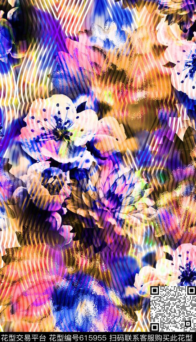 花卉、线条、艺术效果数码印花华亿平台下载（图片编号: 615955） - 瓦栏（Walan）