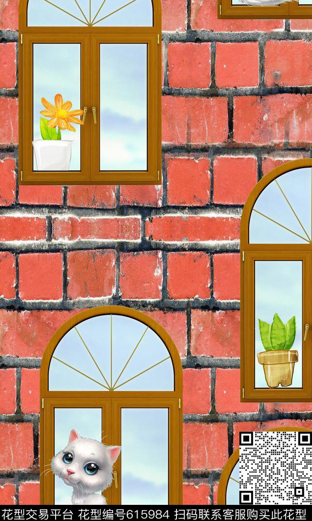 砖墙窗户猫咪数码印花华亿平台下载（图片编号: 615984） - 瓦栏（Walan）
