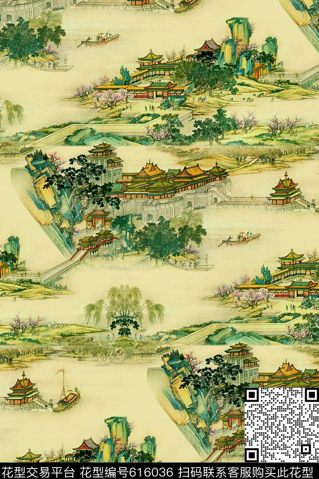 宫廷风国画山水画数码印花华亿平台下载（图片编号: 616036） - 瓦栏（Walan）