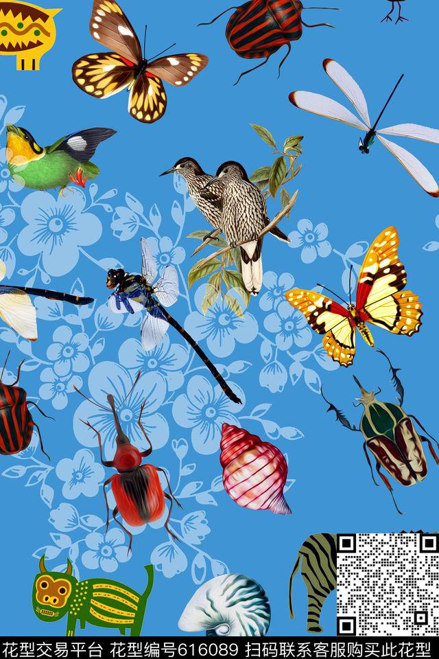 动物蝴蝶蜻蜓数码印花华亿平台下载（图片编号: 616089） - 瓦栏（Walan）