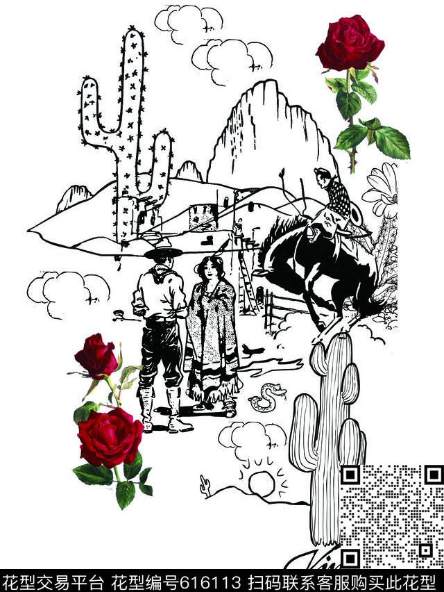 抽象西部牛仔玫瑰数码印花华亿平台下载（图片编号: 616113） - 瓦栏（Walan）
