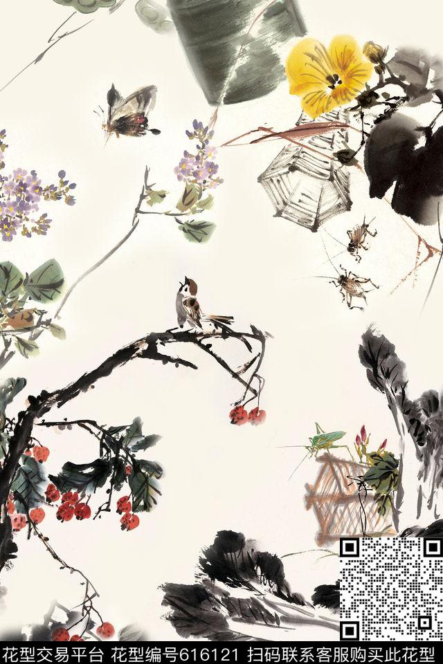 写意花鸟国画水墨数码印花华亿平台下载（图片编号: 616121） - 瓦栏（Walan）