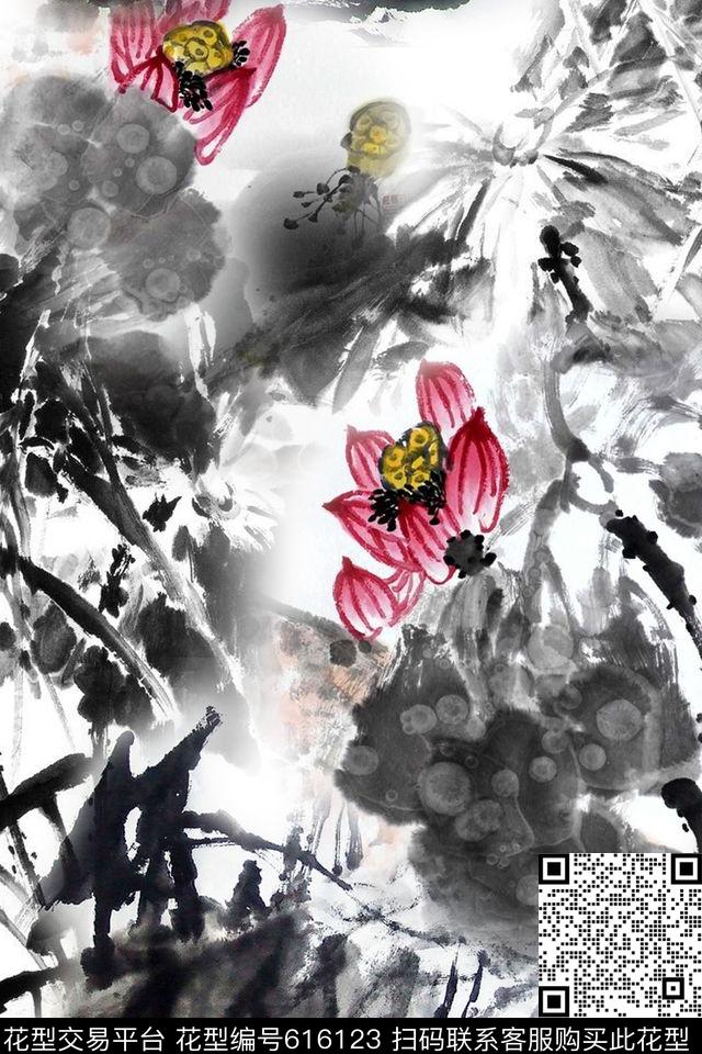 水墨荷花黑白旗袍数码印花华亿平台下载（图片编号: 616123） - 瓦栏（Walan）