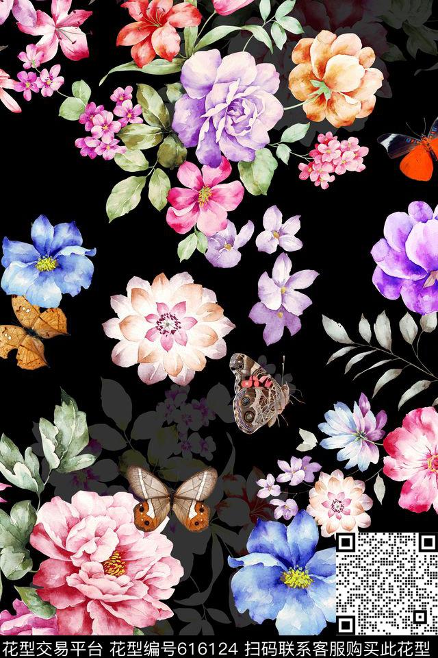 水彩花卉阴影组合花数码印花华亿平台下载（图片编号: 616124） - 瓦栏（Walan）