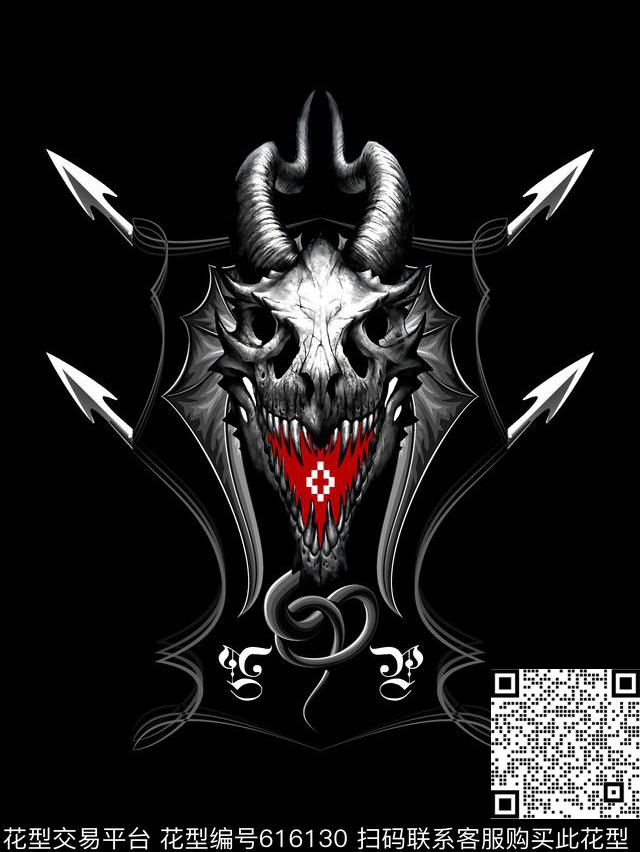得古骷髅动物角男装T恤数码印花华亿平台下载（图片编号: 616130） - 瓦栏（Walan）