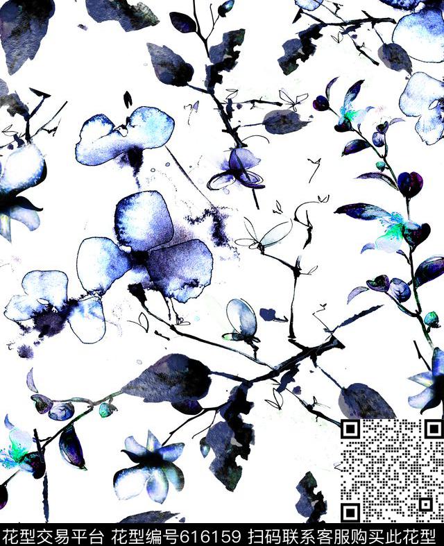 水墨花写意清新数码印花华亿平台下载（图片编号: 616159） - 瓦栏（Walan）