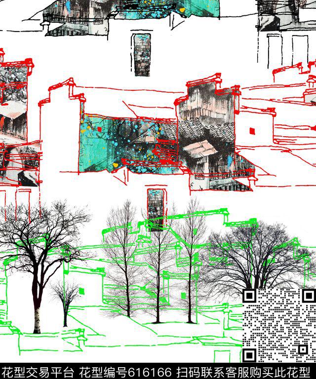 树枝民族风国画数码印花华亿平台下载（图片编号: 616166） - 瓦栏（Walan）