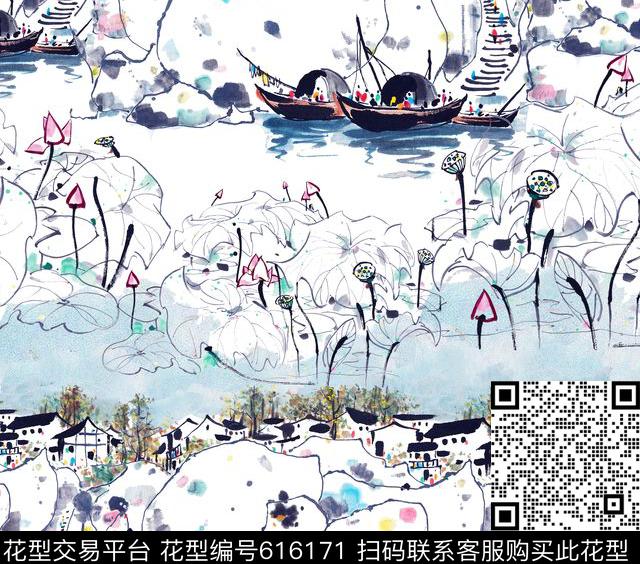 风景小船数码印花华亿平台下载（图片编号: 616171） - 瓦栏（Walan）