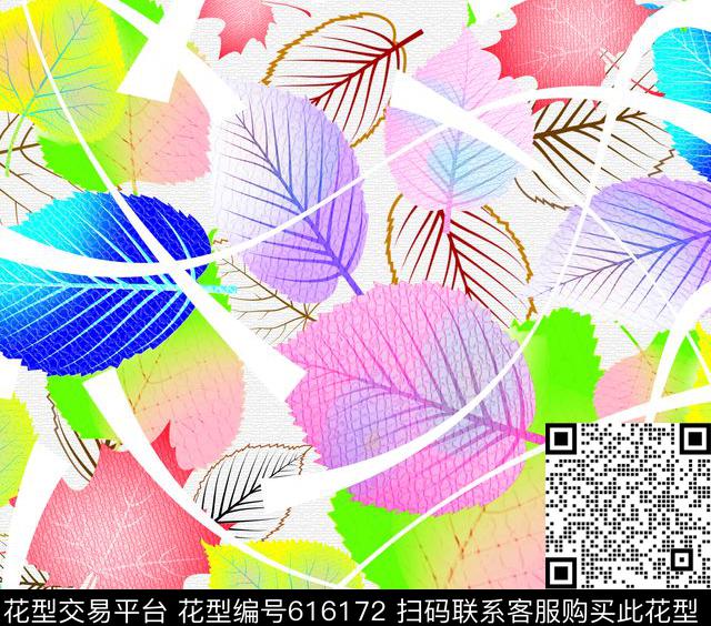树叶彩色线条相交数码印花华亿平台下载（图片编号: 616172） - 瓦栏（Walan）