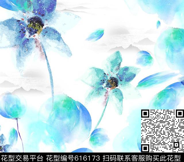 花朵山水大自然的融合数码印花华亿平台下载（图片编号: 616173） - 瓦栏（Walan）