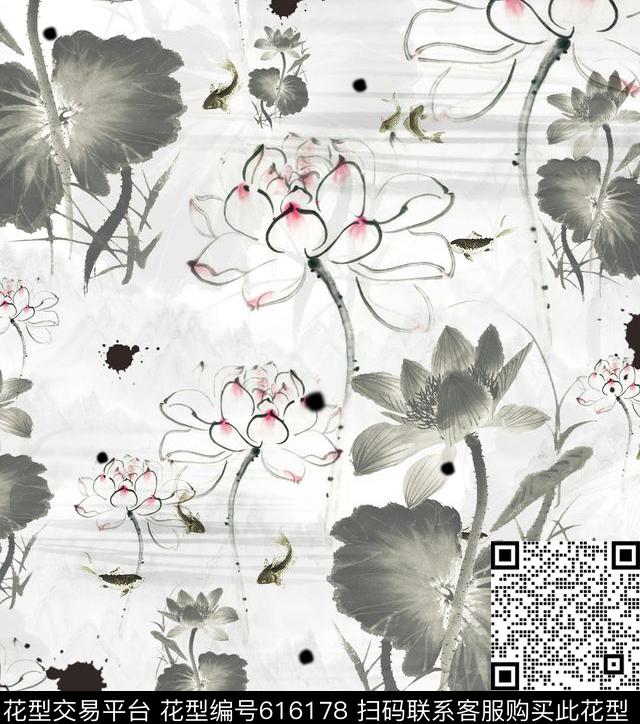 荷花荷叶数码印花华亿平台下载（图片编号: 616178） - 瓦栏（Walan）