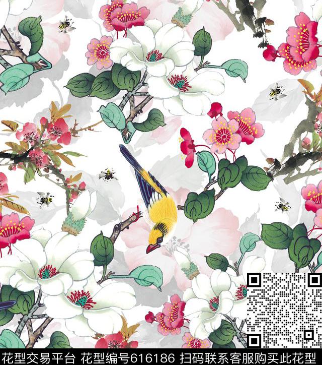 树枝鸟花朵数码印花华亿平台下载（图片编号: 616186） - 瓦栏（Walan）
