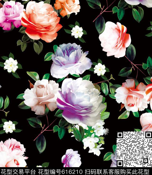 五彩花朵茉莉茶花数码印花华亿平台下载（图片编号: 616210） - 瓦栏（Walan）