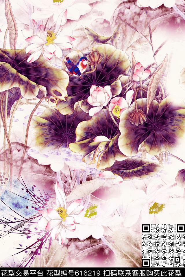 时尚中国风荷花数码印花华亿平台下载（图片编号: 616219） - 瓦栏（Walan）