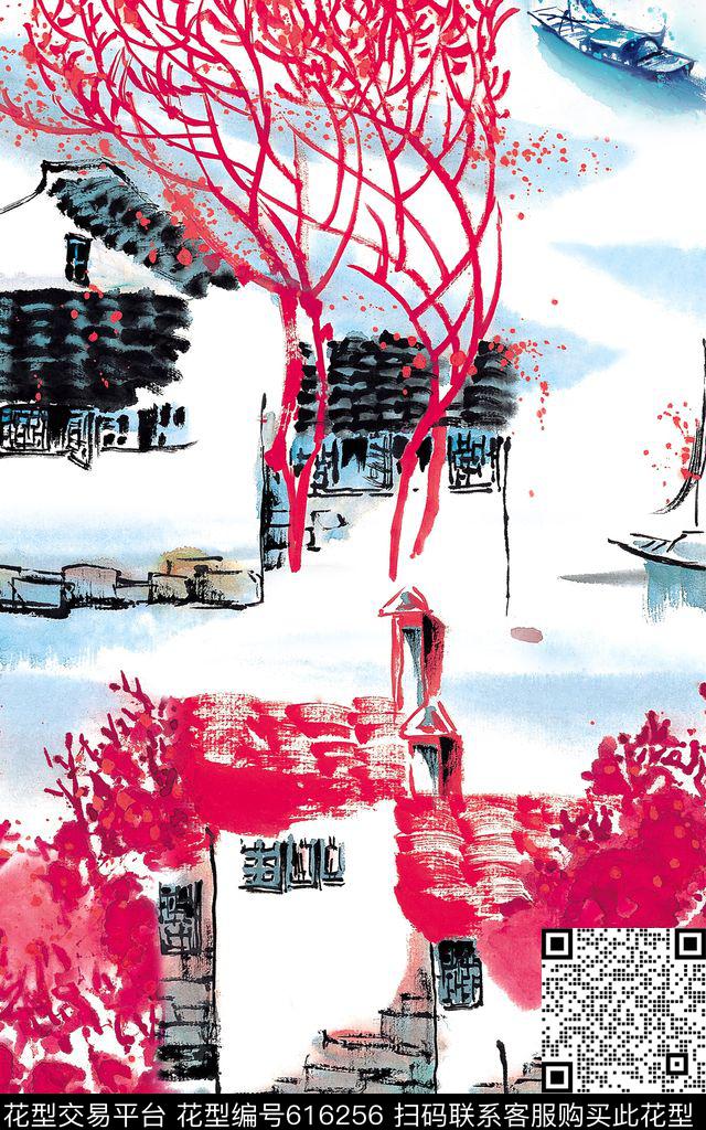 中国风江南水乡古村数码印花华亿平台下载（图片编号: 616256） - 瓦栏（Walan）
