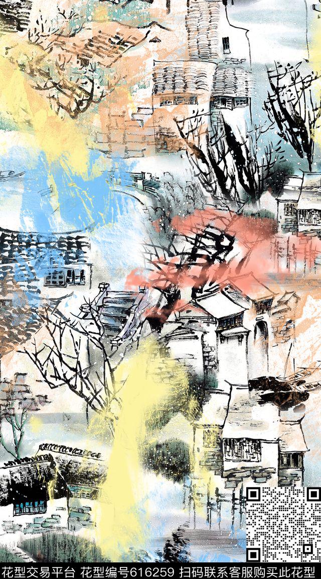 风景水墨中国风数码印花华亿平台下载（图片编号: 616259） - 瓦栏（Walan）