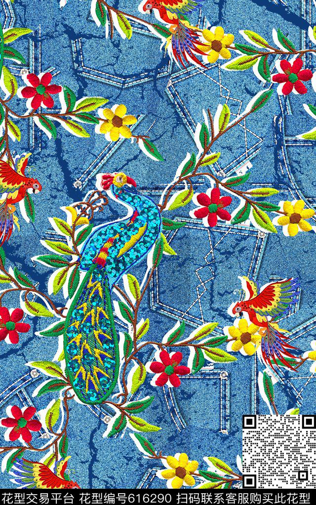 牛仔纹理绣花花鸟数码印花华亿平台下载（图片编号: 616290） - 瓦栏（Walan）