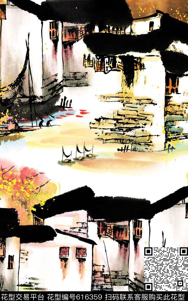 中国风江南水乡古村数码印花华亿平台下载（图片编号: 616359） - 瓦栏（Walan）